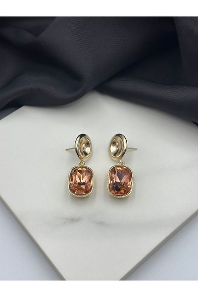 Lumiera Gold Detailed Salmon Color Zircon Stone Hanging Steel Earrings