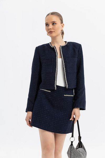 SOFT Tweed Jacket-Skirt Suit with Stone Stripe Detail Without Buttons