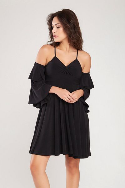 Laranor Black Two Layers Flounces Sleeve Design Strap Flared Dress 24L7550