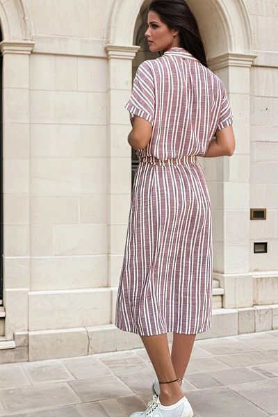 bacc Women's Burgundy Linen Short Sleeve Shirt Dress with Belt and Pockets Bcbsk-25700-3434