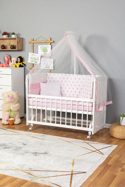 Bamgidoo Ahşap Beşik Anne Yanı Beşik Beyaz 60x120 - Pembe Yıldız Tek Yastık U...