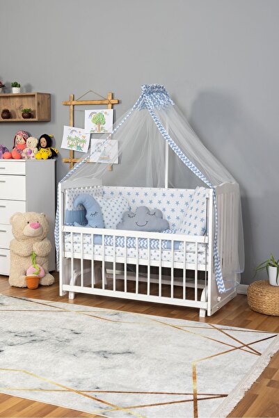 Bamgidoo Ahşap Beşik Anne Yanı Beşik Yeni Doğan Mavi Yıldız 3 Yastık Uyku Seti Yatak