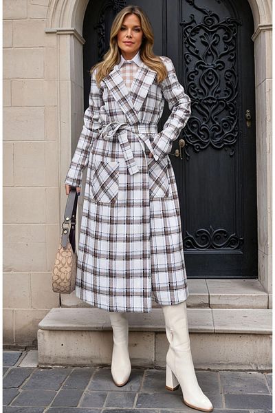 bacc Women's Brown Ecru Self-Belted Pocket Unlined Long Cashmere Coat Bcbsk-25700-3564