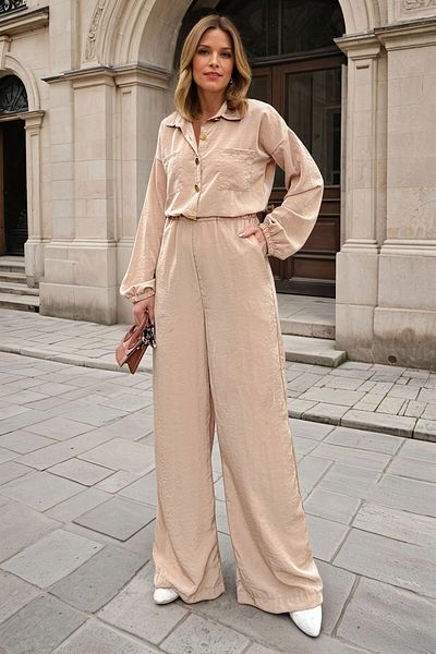 bacc Women's Caramel Half Placket Elastic Waist Loose Wide Leg Pocket Loose Jumpsuit Bcbsk-25700-3360