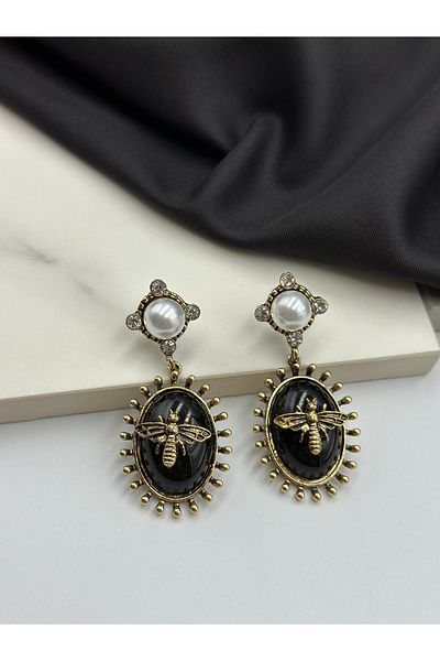 Lumiera Black and White Pearl Bee Figured Vintage Design Brand Model Dangle Earrings