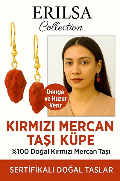 Erilsa Sertifikalı Altın Kaplama Ham Doğal Kırmızı Mercan Taşı Küpe – Tutku, ...