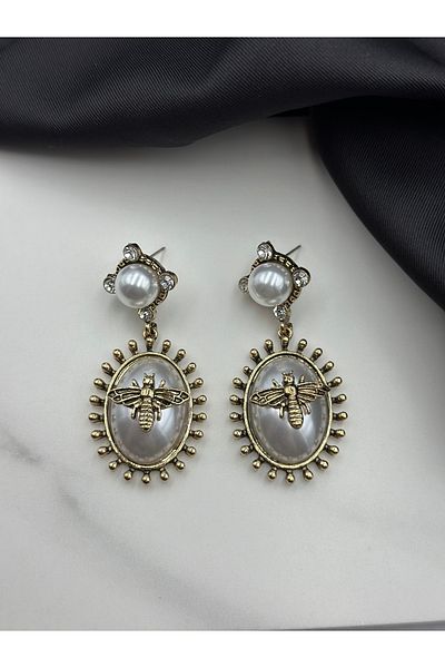 Lumiera Vintage Design Brand Model Dangle Earrings with White Pearl and Bee Figure