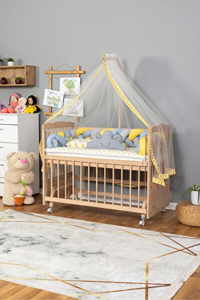 Bamgidoo Ahşap Beşik Anne Yanı Beşik Organik 60x120 - Sarı Mavi Örgü Uyku Set...