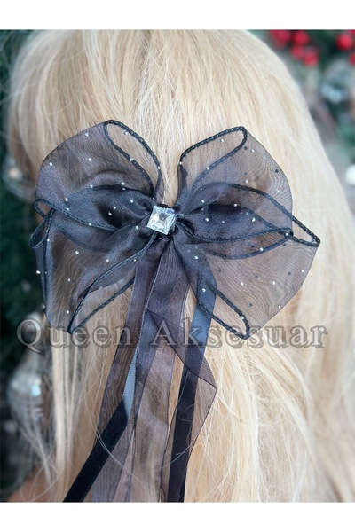 QUEEN AKSESUAR Broșă de piatră, tul strălucitor, cu fundă cu panglică, cataramă prințesă, negru