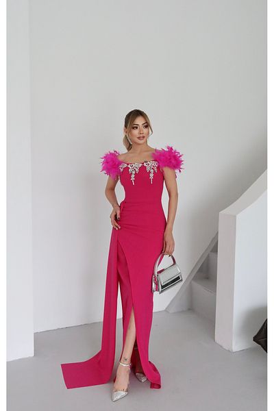 1Moda1Tarz Γυναικείο ροζ εισαγόμενο ύφασμα αξεσουάρ Λεπτομέρεια μανίκια με σχισμή Otriş φόδρα ειδικής σχεδίασης Maxi φόρεμα