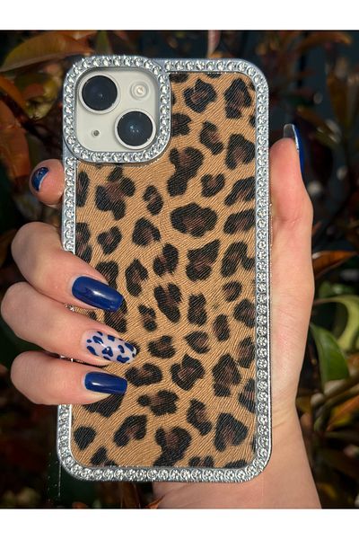 TRENDY KILIF حافظة بإطار حجري بنمط الفهد متوافقة مع هاتف iPhone (14 PLUS/15 PLUS).