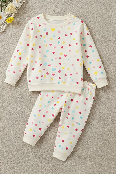Paris Home Heart Patterned 100% Cotton Children's Pajama Set
