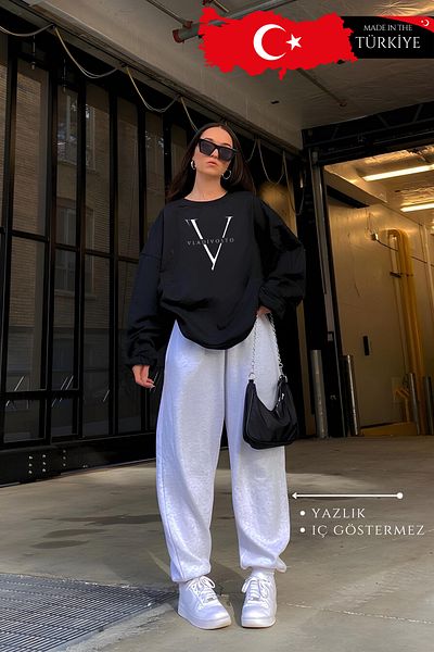 vladivosto Battal Cut Ψηλόμεσο Oversize Φούτερ - Γκρι / Μαύρο 2 Πακέτο 3 Κλωστών Χειμώνας