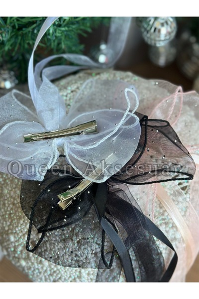 QUEEN AKSESUAR Stone Brooch Shiny Gauze Ribbon Tail Bow Princess Buckle Penile Powder Pink