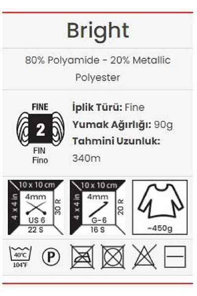 Yarnart Bright -236- Shiny Metallic and Fine Knitting Yarn80% Polyamide – 20% Metallic Polyester 90Gr 340Meters