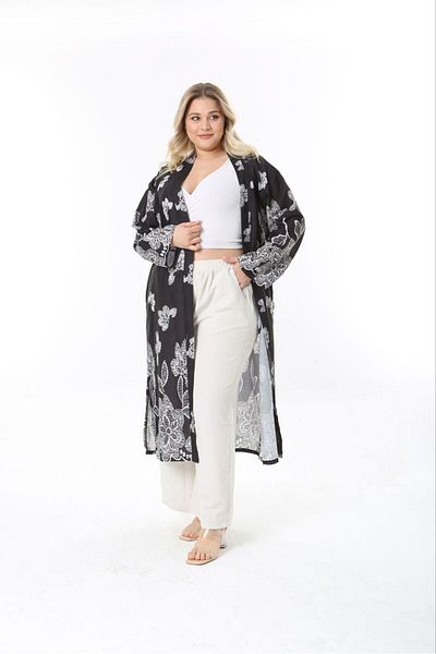 Butik Nilyam Women's Plus Size Linen Kimono and Pants Bottom Set 24751