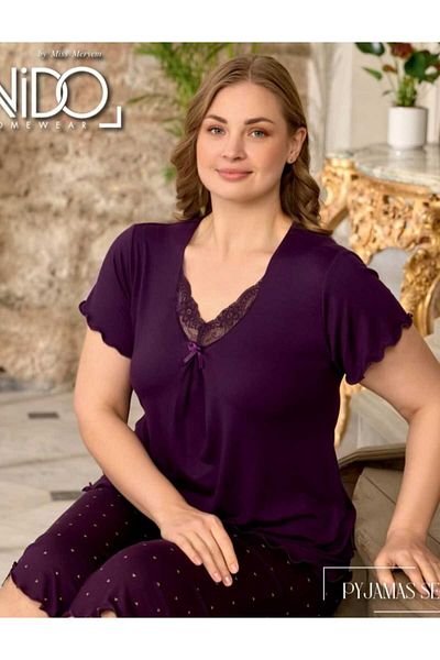 Azra Σετ πιτζάμες με κοντό μανίκι Capri Plum Heart Print Plus Size