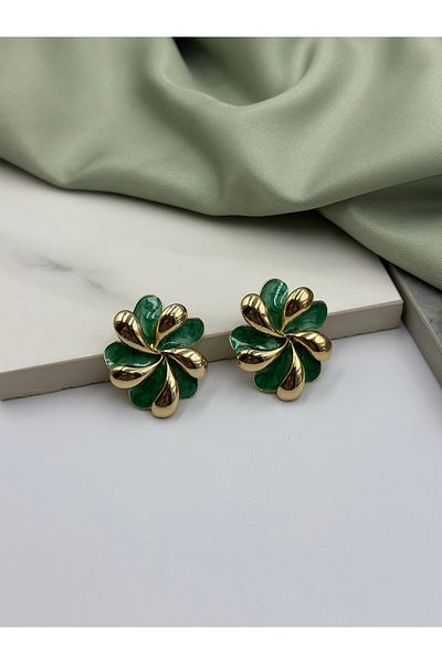 Lumiera Green Enamel and Gold Gold Detailed Flower Form Design Earrings