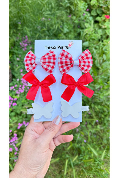 Toka Perisi Set de 6 agrafe roșii cu fundă roșie și fluture alb (clip metalic...