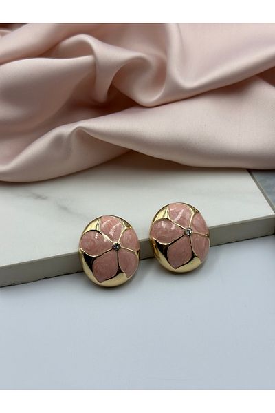 Lumiera Pink Flower Enamel Zircon Solitaire and Gold Gold Detailed Design Earrings