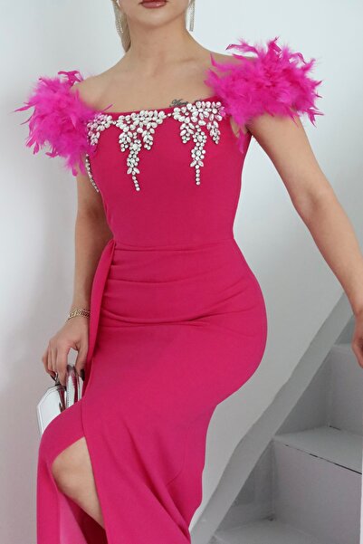 1Moda1Tarz Women's Pink Imported Fabric Accessory Detail Slit Sleeves Otriş Lined Special Design Maxi Dress