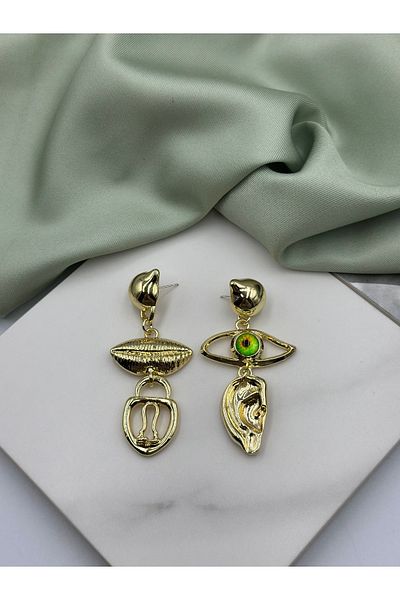 Lumiera Gold Detailed Eye Ear Lip Figured Hanging Brand Model Design Earrings
