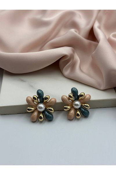 Lumiera Blue and Pink Enamel Pearl Detailed Flower Form Design Earrings