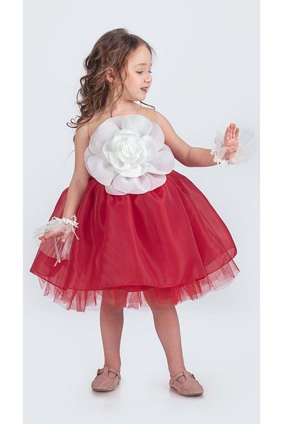 Mnk Baby&Kids Karolin Girl's Evening Dress - Floral Print, Ankle Accessory, Red M00724