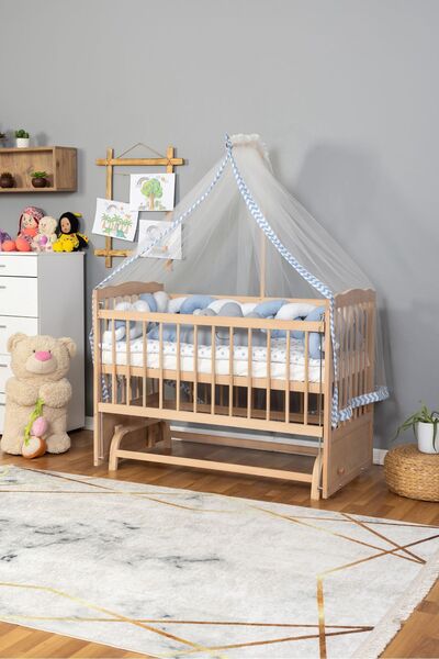 Bamgidoo Ahşap Anne Yanı Beşik Organik 60x120 Mavi Beyaz Örgü Uyku Seti  Yatak