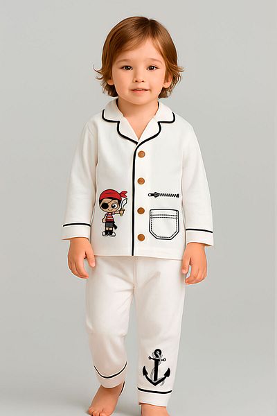 peki baby&kids Boy's Soft Combed Cotton Pirate Pocket Print Stripe Pajama Set 18856