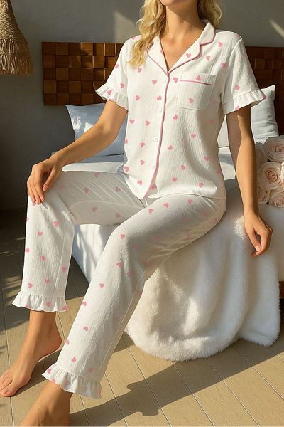 BELLA NOTTE Short Sleeve Pink Heart Patterned Pajama Set