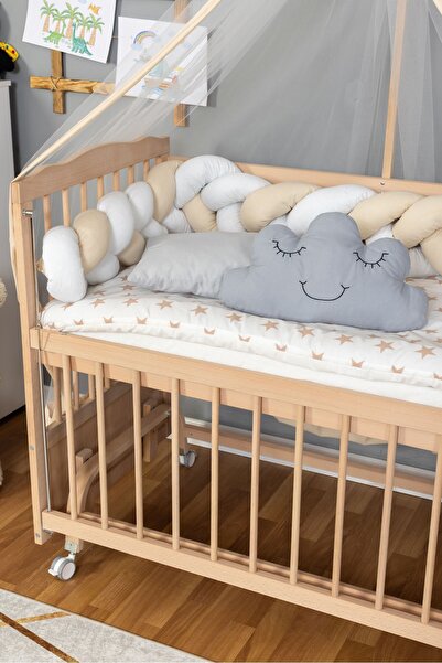 Bamgidoo Ahşap Beşik Anne Yanı Beşik Organik 60x120 - Krem Beyaz Örgü Uyku Seti Seti + Yatak + Tekerlekli