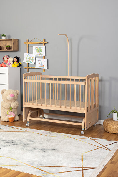 Bamgidoo Ahşap Beşik Anne Yanı Beşik Organik 60x120 - Krem Beyaz Örgü Uyku Seti Seti + Yatak + Tekerlekli