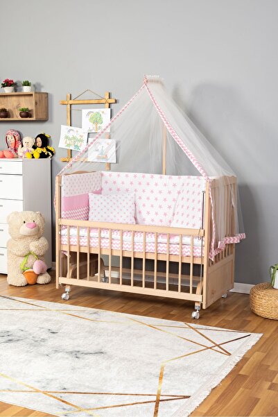 Bamgidoo Ahşap Beşik Anne Yanı Beşik Organik(Boyasız) 60x120-Pembe Yıldız Tek...