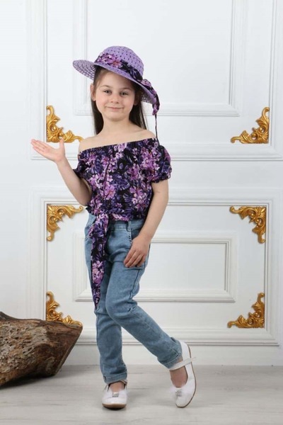 s.t. sebat tekstil Devojčice: farmerke, šešir, set bluza LJUBIČASTA