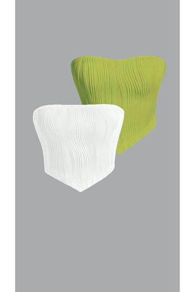 Marin Star Pachet de 2 bluză cu dungi jacquard din lycra alb lime, fără bretele, bluză elastică elastică de vară, crop alb lime