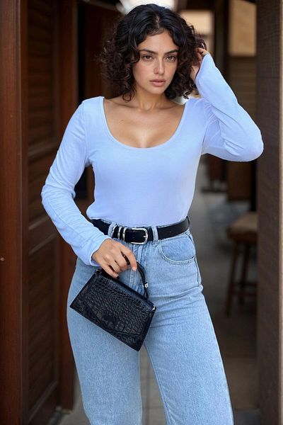 bacc Women's White U Neck Soft Textured Basic Blouse Bcbsk-25700-3580