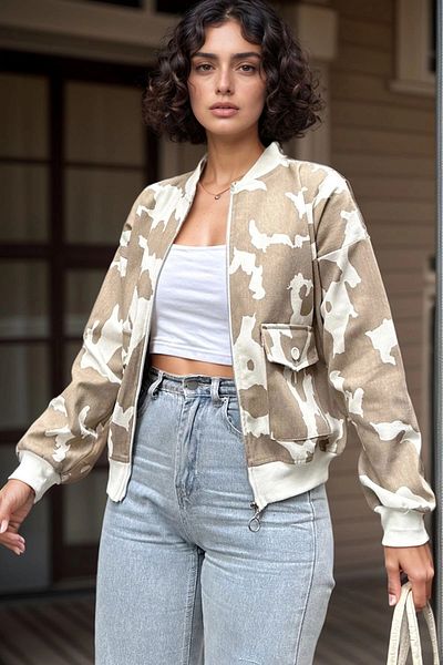 bacc Women's Mink Self Patterned Gabardine Double Pocket Zippered Bomber Jacket Bcbsk-25700-3567