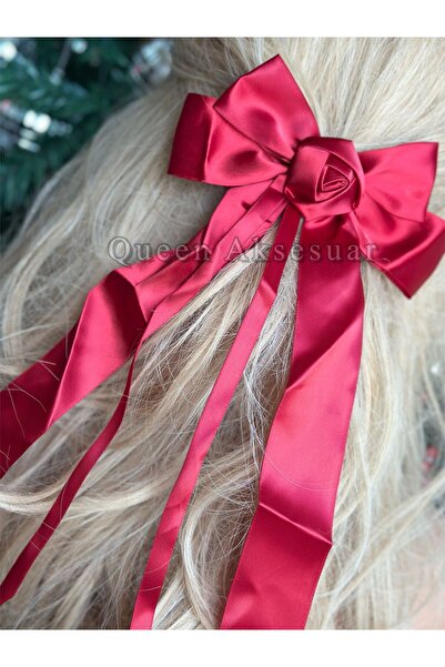 QUEEN AKSESUAR Luxury Satin Bow Rose Fancy Ribbon Long Pendant Tail Automatic Clip Buckle Red