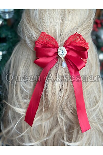 QUEEN AKSESUAR Luxury Vintage Pearl with Stone Brooch Lace Satin Bow Pendant Ribbon Tailing Buckle Automatic Red