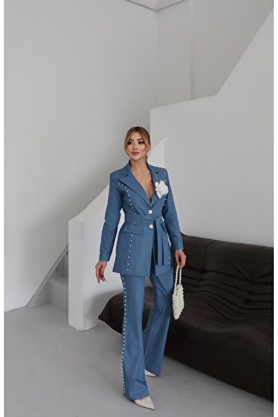 1Moda1Tarz Țesătură denim importată pentru femei, brodat cu perle, căptușit cu curea, accesoriu trandafir, design special, set de pantaloni de jachetă