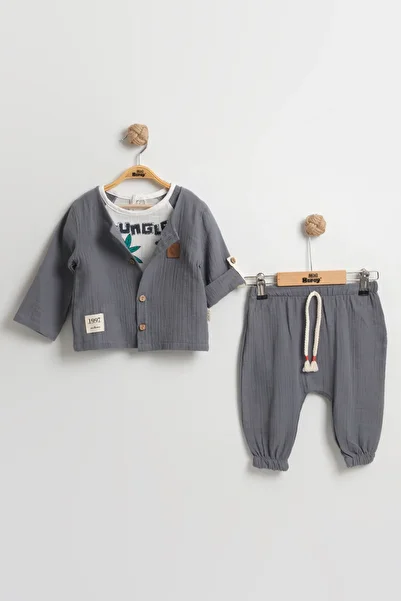 Mini Baray Giraffe Patterned 3-Piece Baby Boy Set 9-12-18 Months - Long Sleeve Shirt+T-Shirt+Muslin Shorts Set