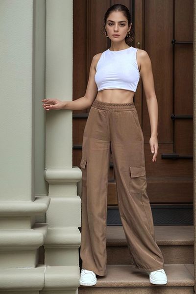 bacc Women's Brown Side Pocket Elastic Waist Loose Wide Leg Loose Trousers Bcbsk-25700-3600