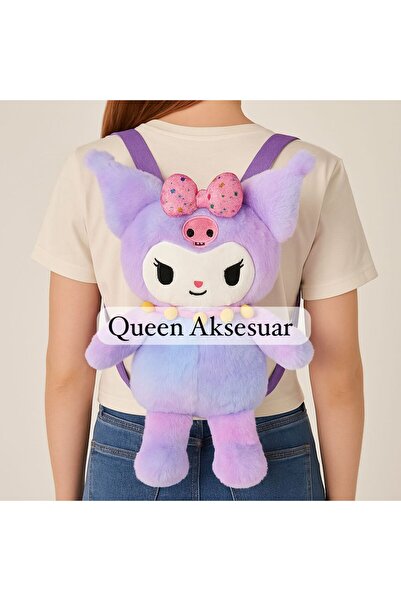QUEEN AKSESUAR Dev 50cm mor pembe geçişli gökkuşağı Renkli Kuromi Karakter Peluş oyuncak Sırt Çantası