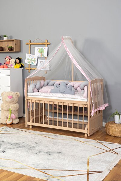 Bamgidoo Ahşap Beşik Anne Yanı Beşik Organik 60x120 - Pembe Gri Örgü Uyku Seti Seti + Yatak