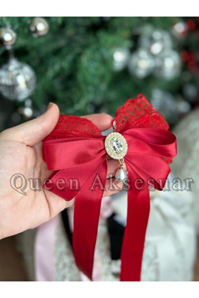 QUEEN AKSESUAR Luxury Vintage Pearl with Stone Brooch Lace Satin Bow Pendant Ribbon Tailing Buckle Automatic Red