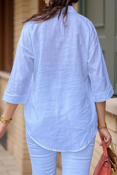 bacc Women's White Linen Look Single Pocket Three Quarter Sleeve Loose Shirt Bcbsk-25700-3619