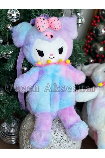 QUEEN AKSESUAR Dev 50cm mor pembe geçişli gökkuşağı Renkli Kuromi Karakter Peluş oyuncak Sırt Çantası
