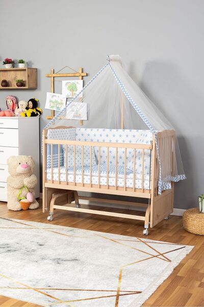 Bamgidoo Ahşap Beşik Anne Yanı Beşik Organik(Boyasız) 60x120-Mavi Yıldız TekYastık UykuSeti Yatak Tekerlekli