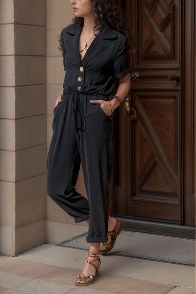 bacc Women's Black Jacket Collar Elastic Waist Airobin Jumpsuit Bcbsk-25700-2622